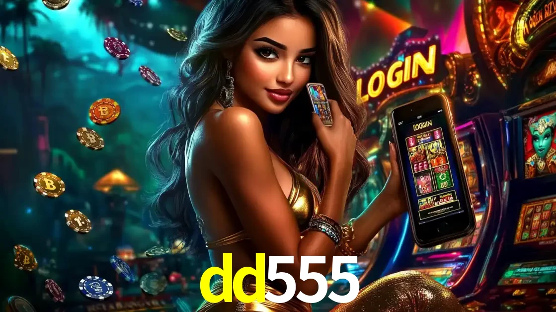 Mulher em um cenário de cassino temático de aventura, mostrando o app de caça-níqueis da dd555 no celular. Fichas de apostas flutuam ao redor.