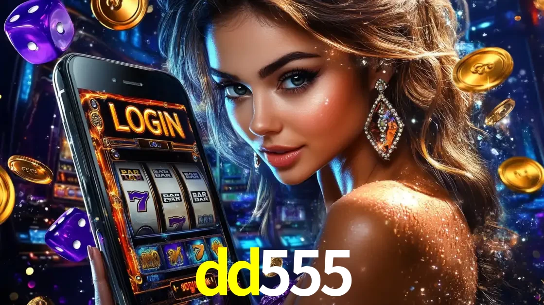 Mulher glamorosa segurando um smartphone com a tela de login para os jogos de caça-níqueis do cassino online dd555, com moedas de ouro e dados ao redor.