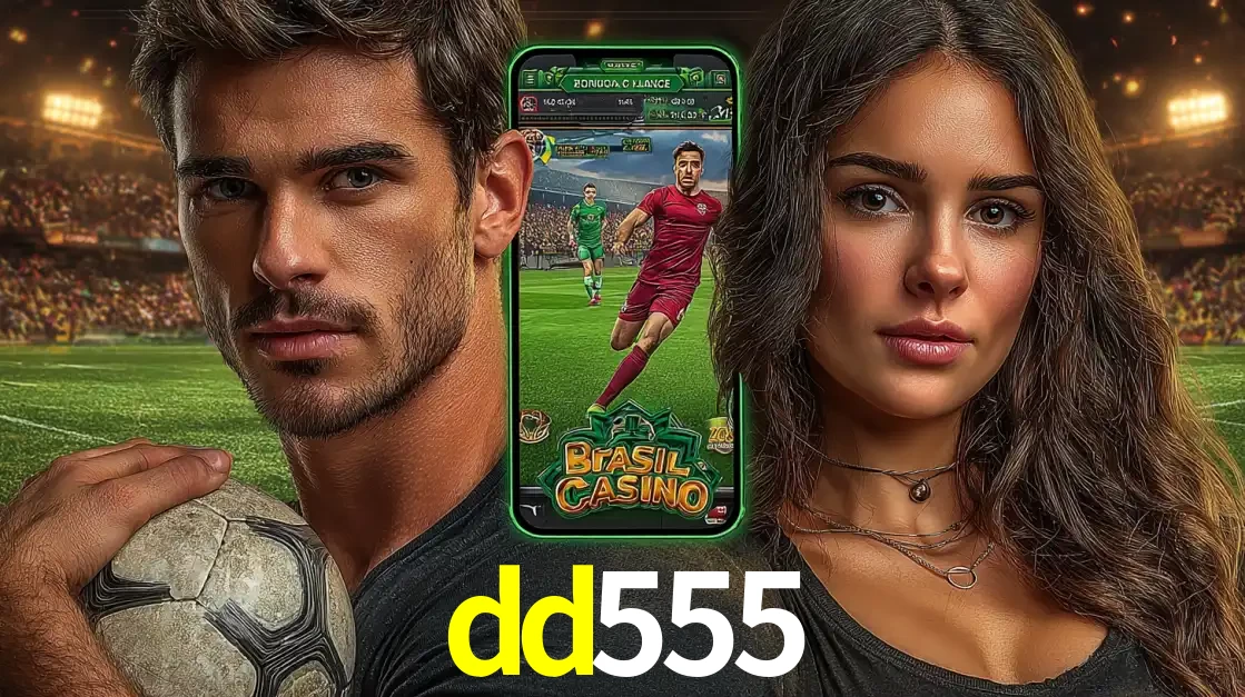 Homem segurando uma bola de futebol e uma mulher ao lado de um smartphone exibindo o jogo de apostas esportivas da dd555. Faça seu palpite no cassino online.